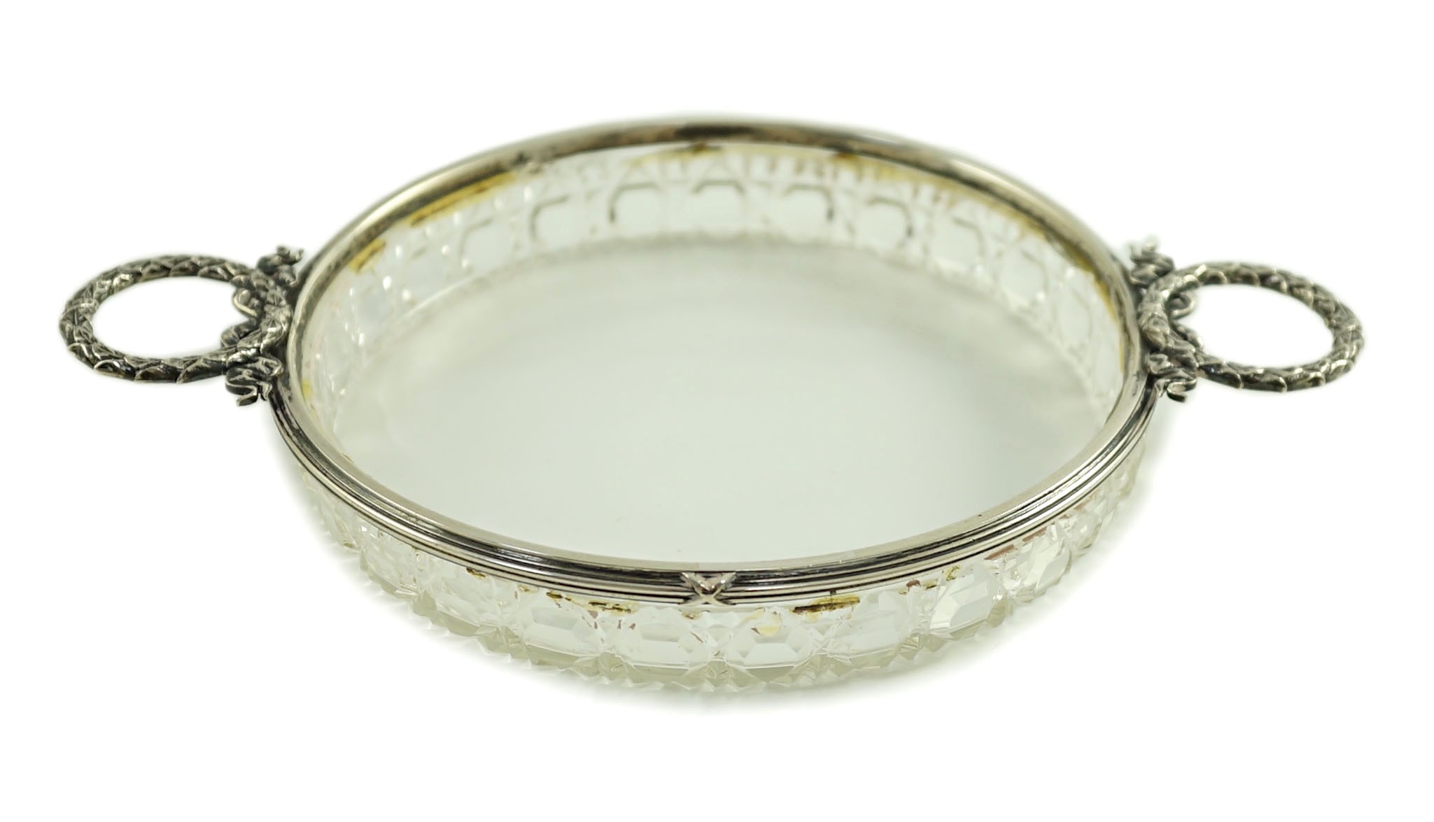 A late 19th/early 20th century Russian 84 zolotnik silver mounted cut glass two handled shallow dish, by Carl Fabergé